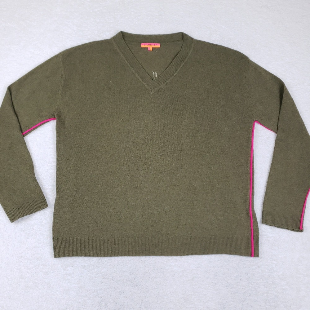 VILAGALLO V Neck Sweater Womens L Green Wool Cashmere Smile Star Graphic Knit